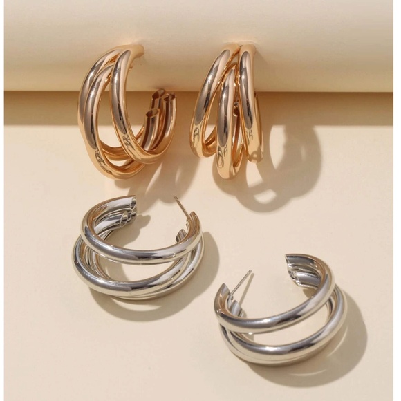 Gold Silver Tone Small Minimalist Hoop Earrings Set - Picture 1 of 6